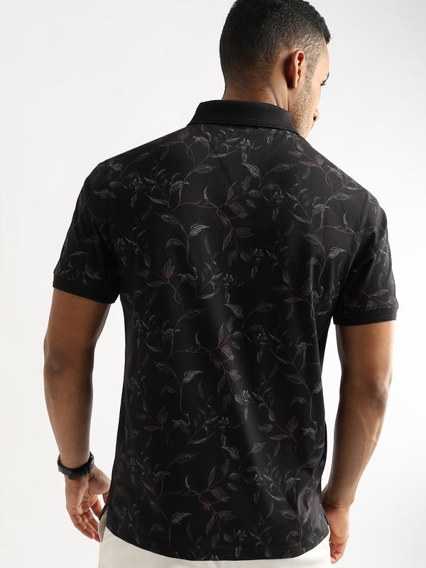 Caviar Black Leaf Printed Polo