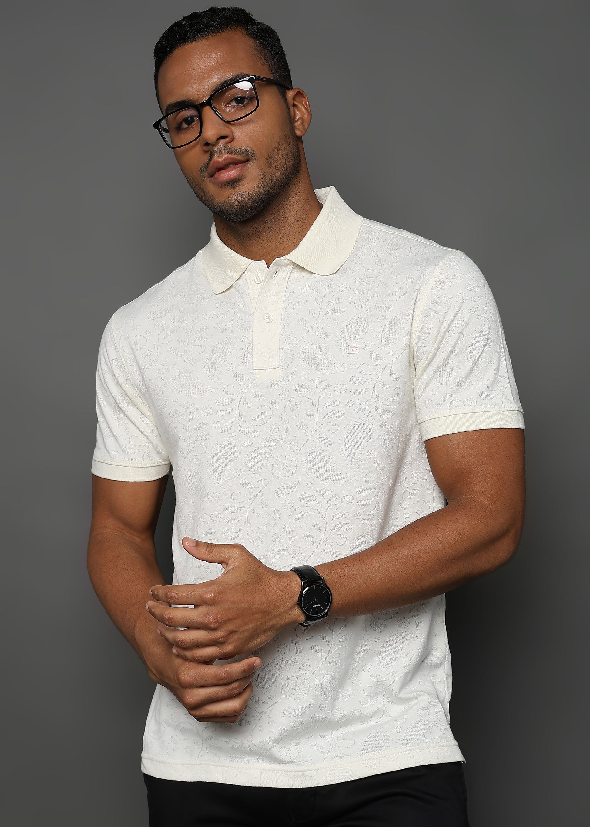 Egret White Stem Pattern Knit Jacquard