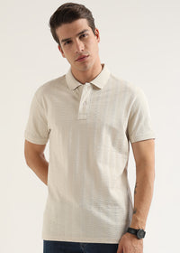 Vanilla Cream Self Structured Knit Polo T-Shirt