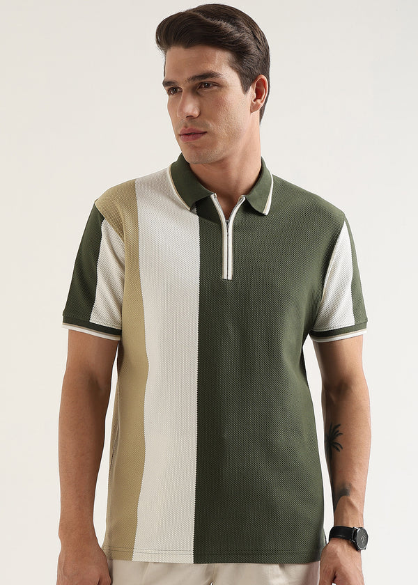 Olive Half-Zip Structured Polo T-Shirt