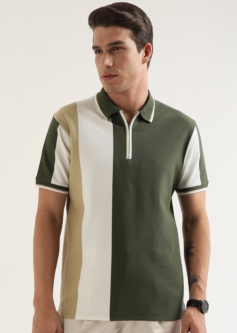 Olive Half-Zip Structured Polo T-Shirt