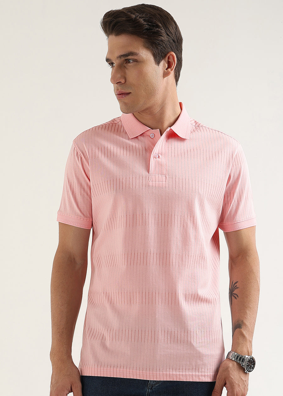 Blush Pink Striata Mercerised Cotton Polo T-Shirt