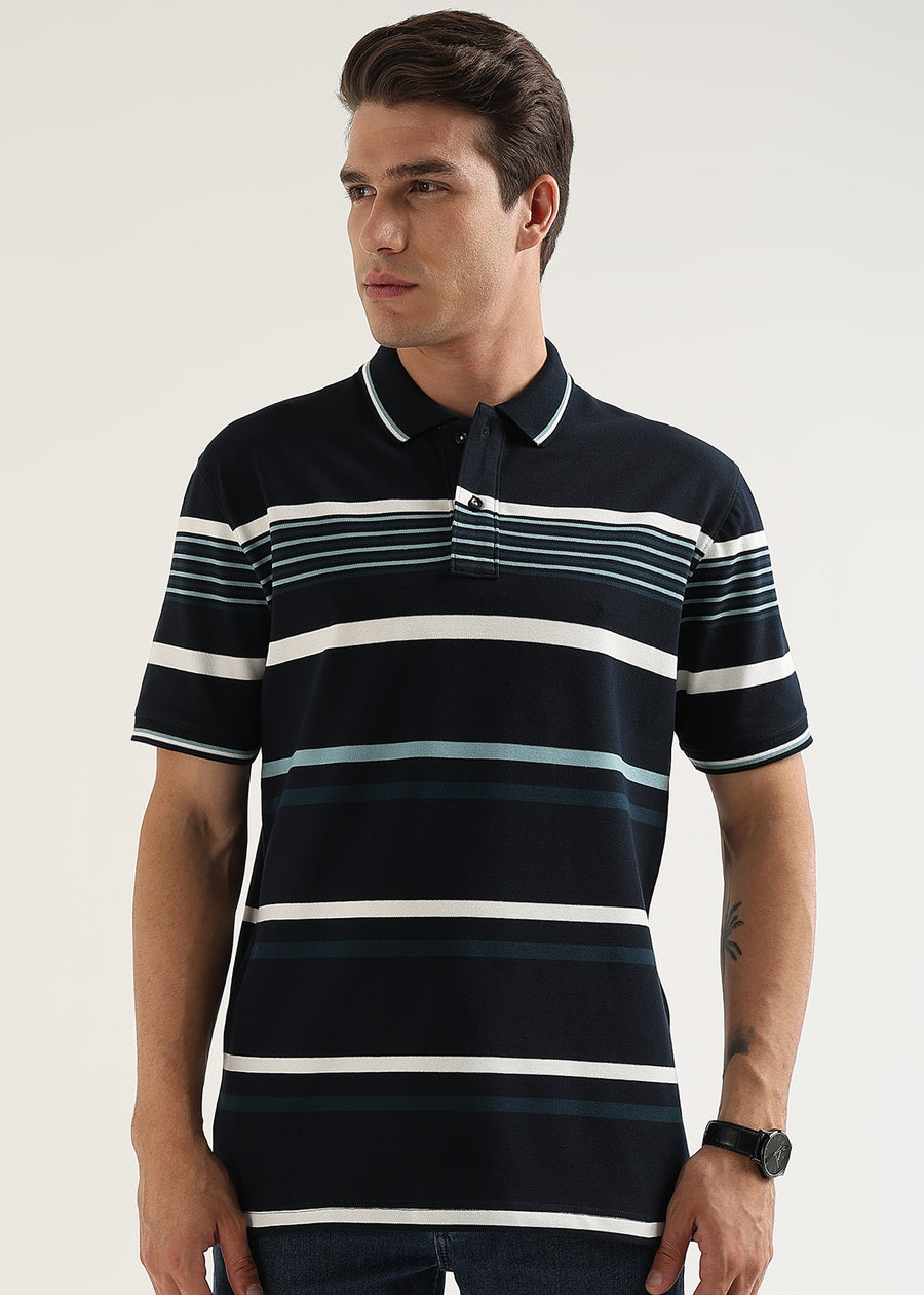 Midnight Navy Striped Polo T-Shirt