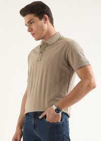 Fawn Brown Self Structured Knit Polo T-Shirt