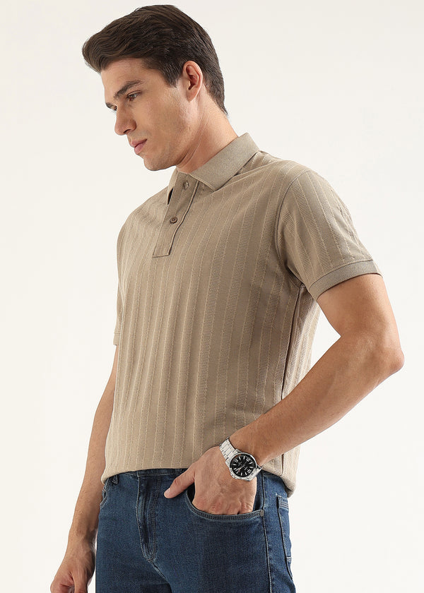Fawn Brown Self Structured Knit Polo T-Shirt