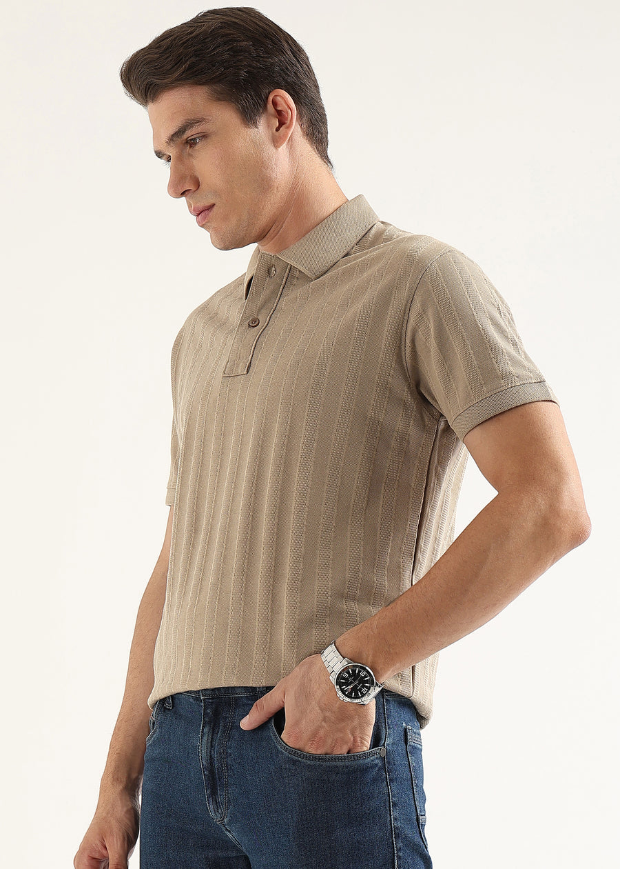 Fawn Brown Self Structured Knit Polo T-Shirt