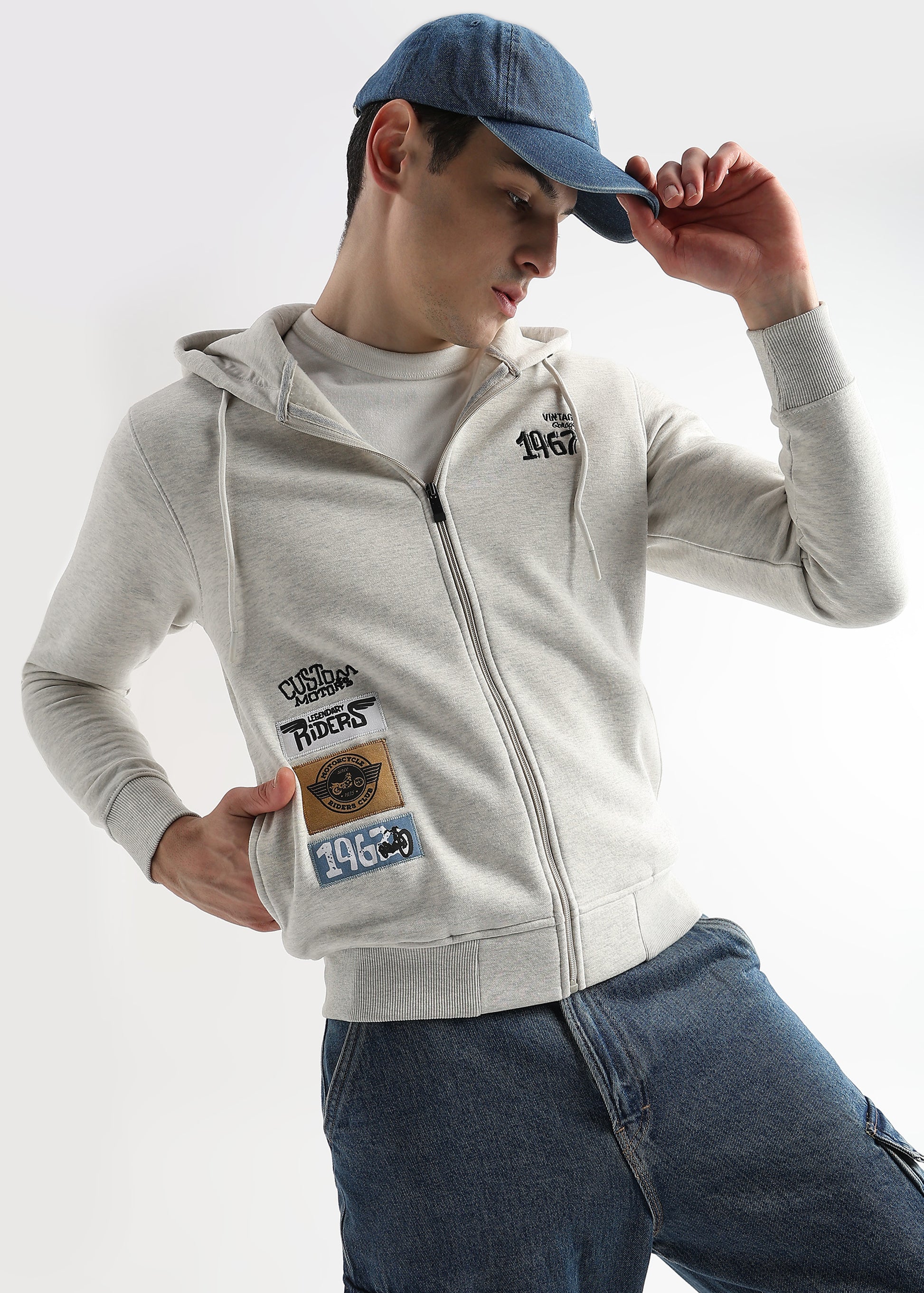Motor Riders Back Print Pelican Grey Slub Hoodie