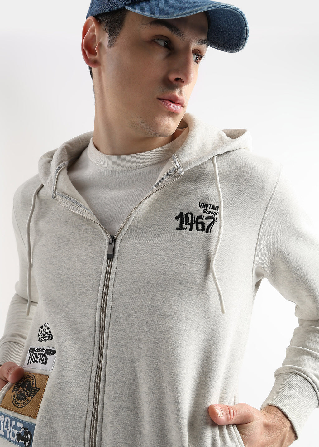 Motor Riders Back Print Pelican Grey Slub Hoodie