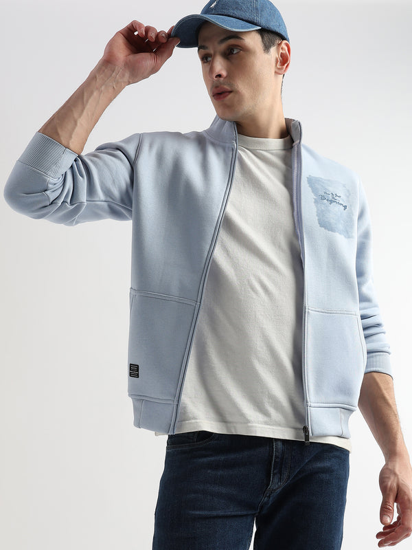 Sketched Printed Skyway Blue Collar Sweatshirt