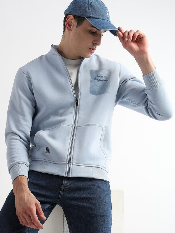 Sketched Printed Skyway Blue Collar Sweatshirt