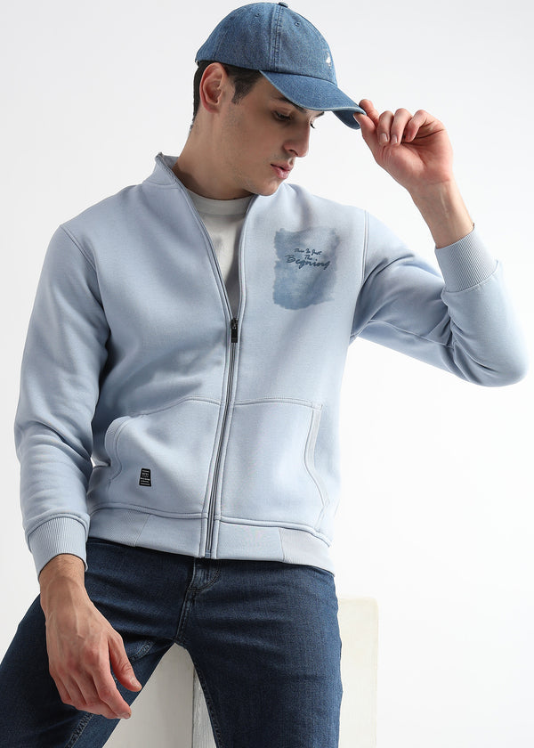 Sketched Printed Skyway Blue Collar Sweatshirt