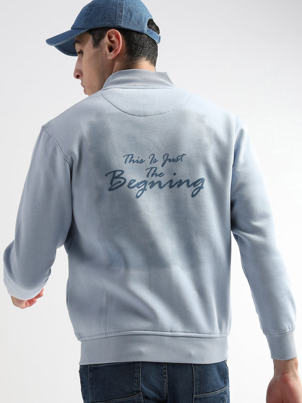 Sketched Printed Skyway Blue Collar Sweatshirt