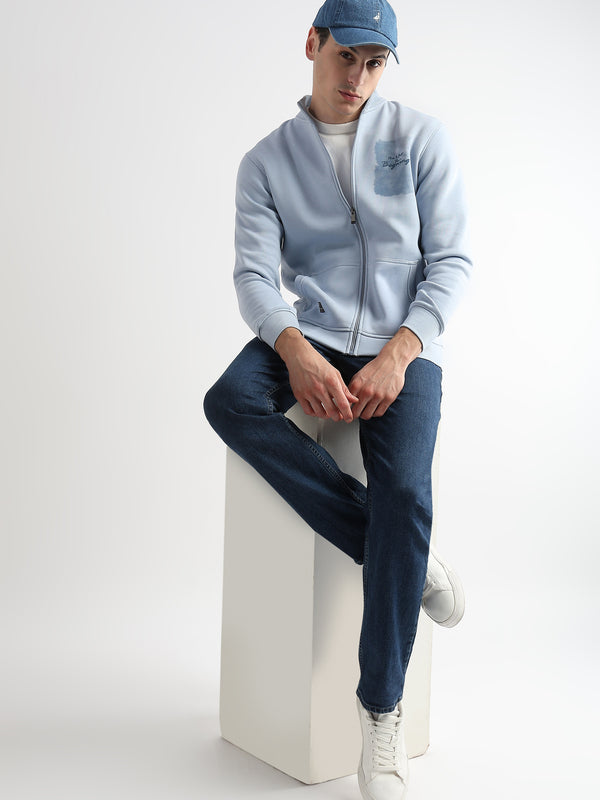 Sketched Printed Skyway Blue Collar Sweatshirt