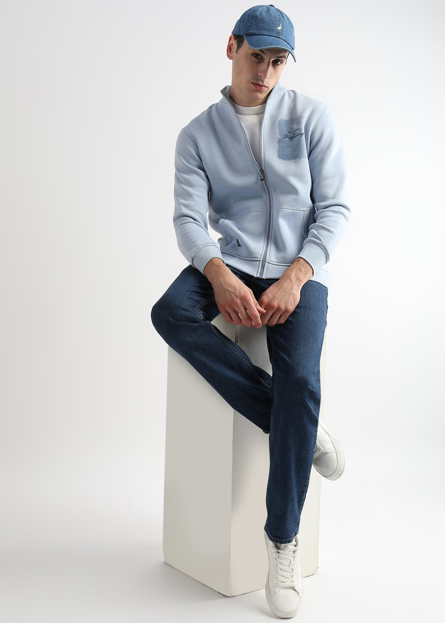 Sketched Printed Skyway Blue Collar Sweatshirt