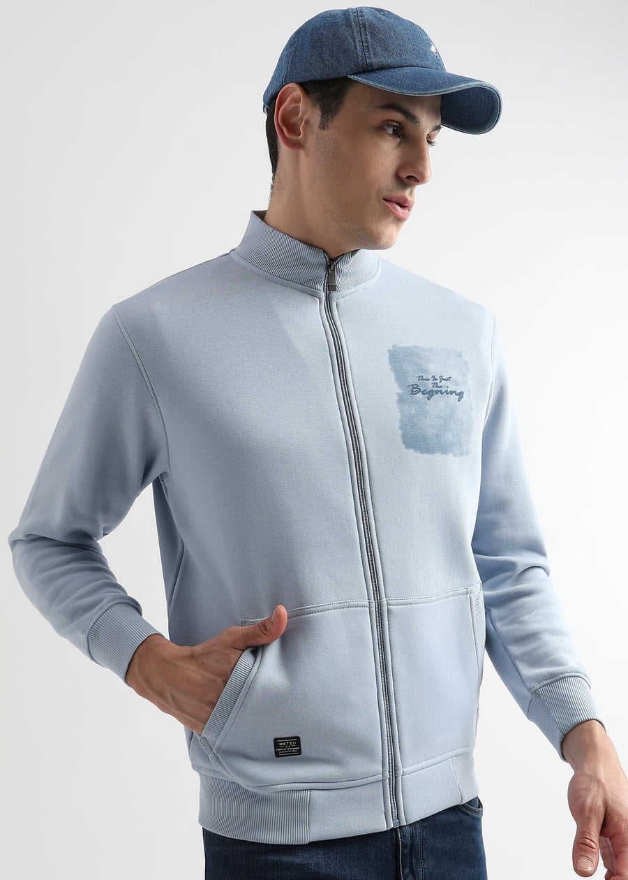 Sketched Printed Skyway Blue Collar Sweatshirt