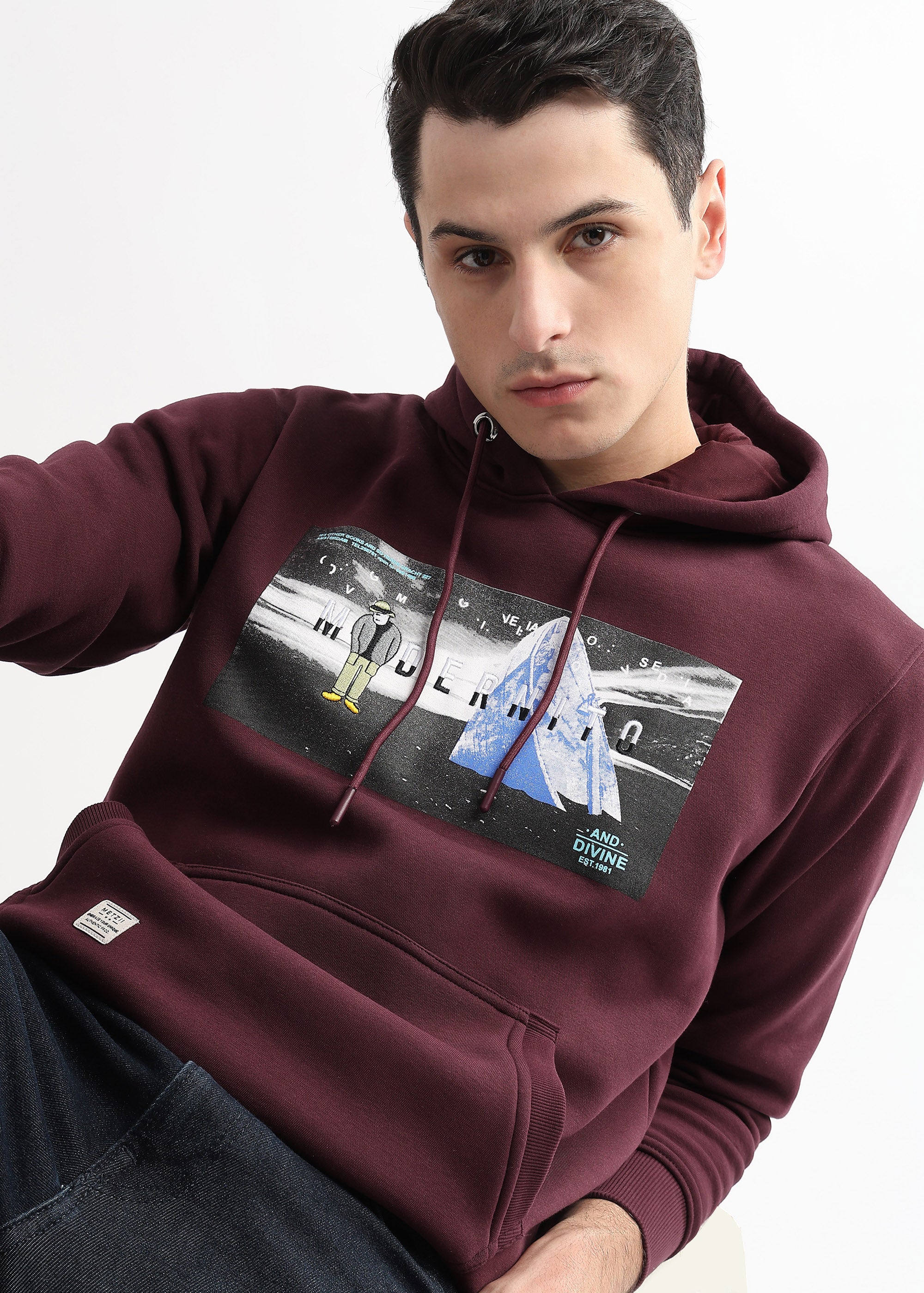 Embroided Print Mauve Wine Cotton Hoodie