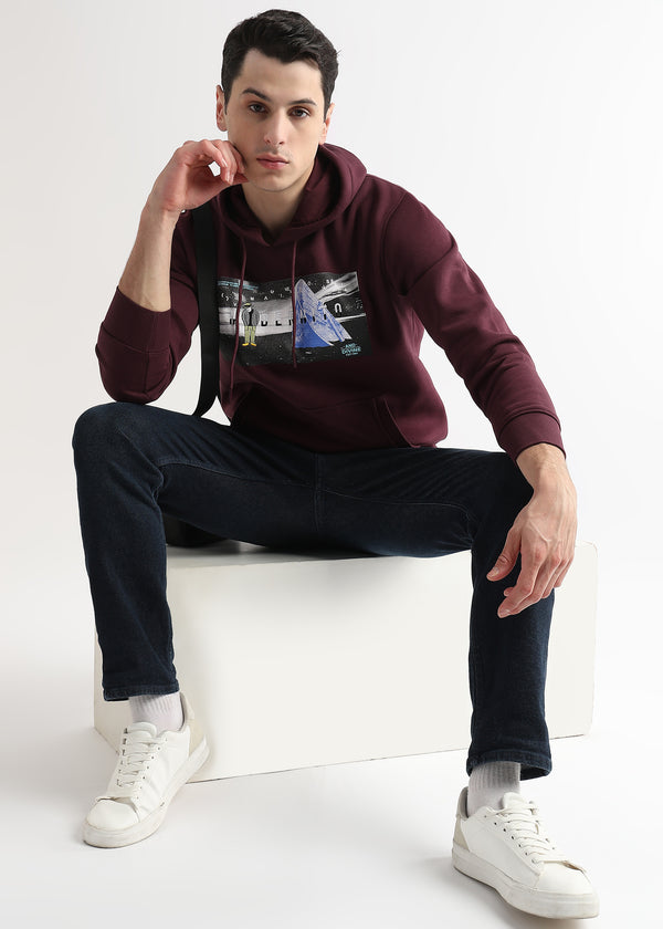 Embroided Print Mauve Wine Cotton Hoodie