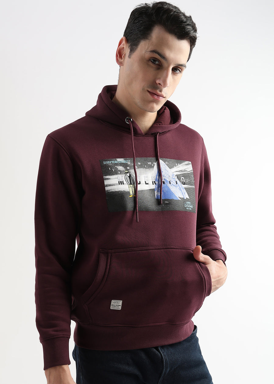 Embroided Print Mauve Wine Cotton Hoodie