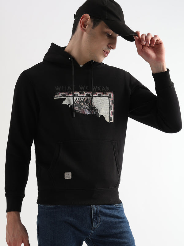Textured Portrait Print Caviar Black Hoodie