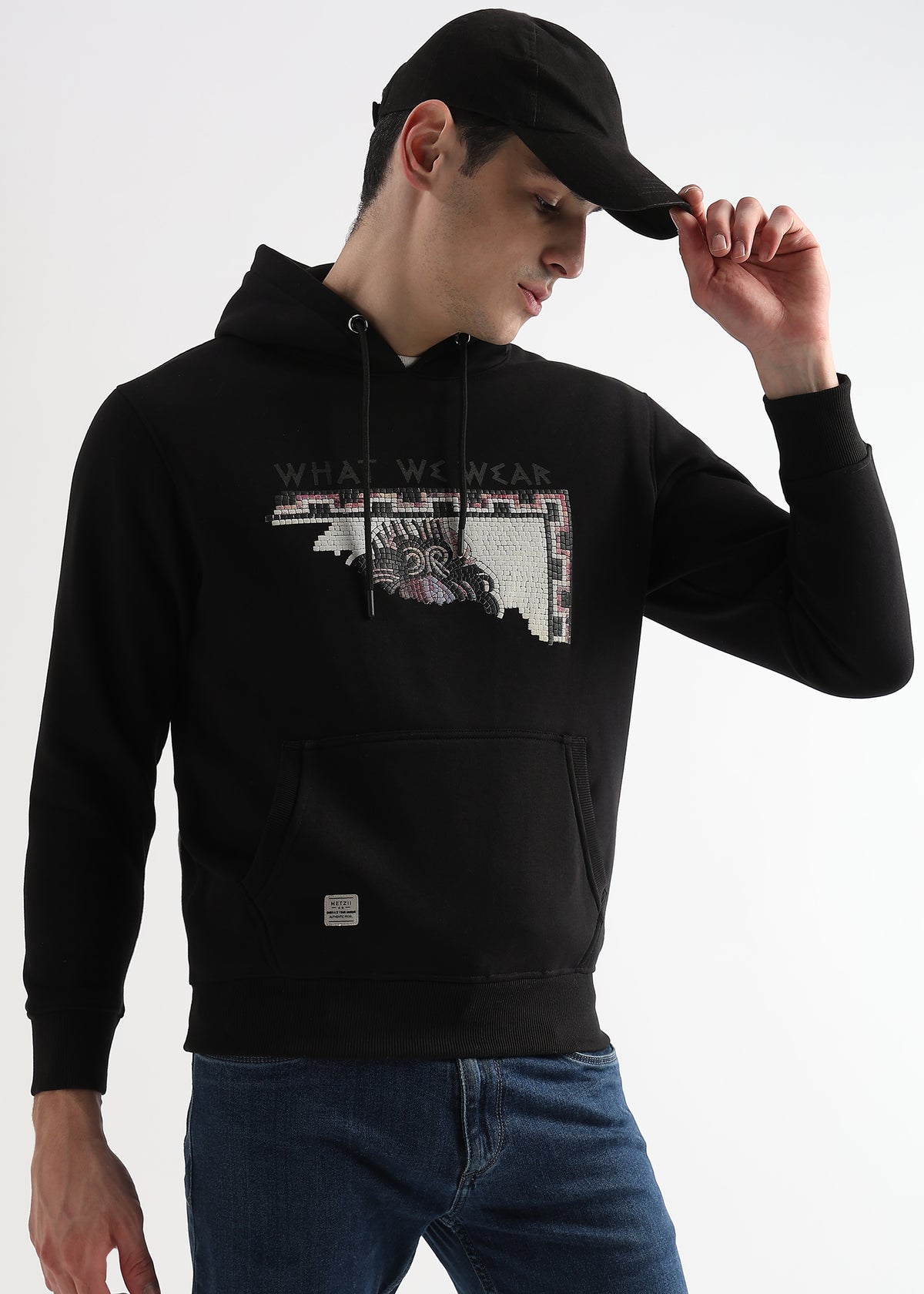 Textured Portrait Print Caviar Black Hoodie