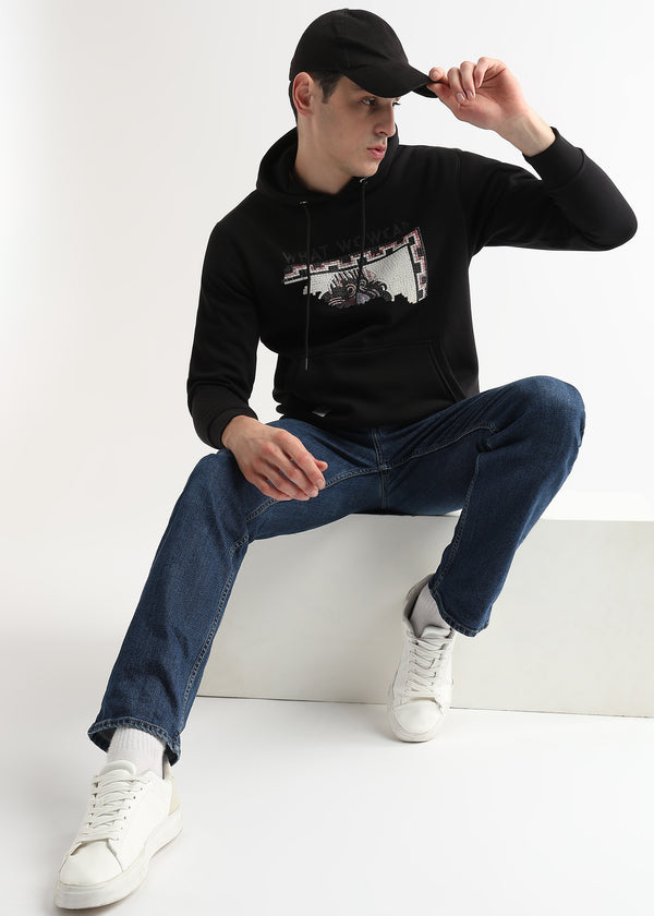 Textured Portrait Print Caviar Black Hoodie