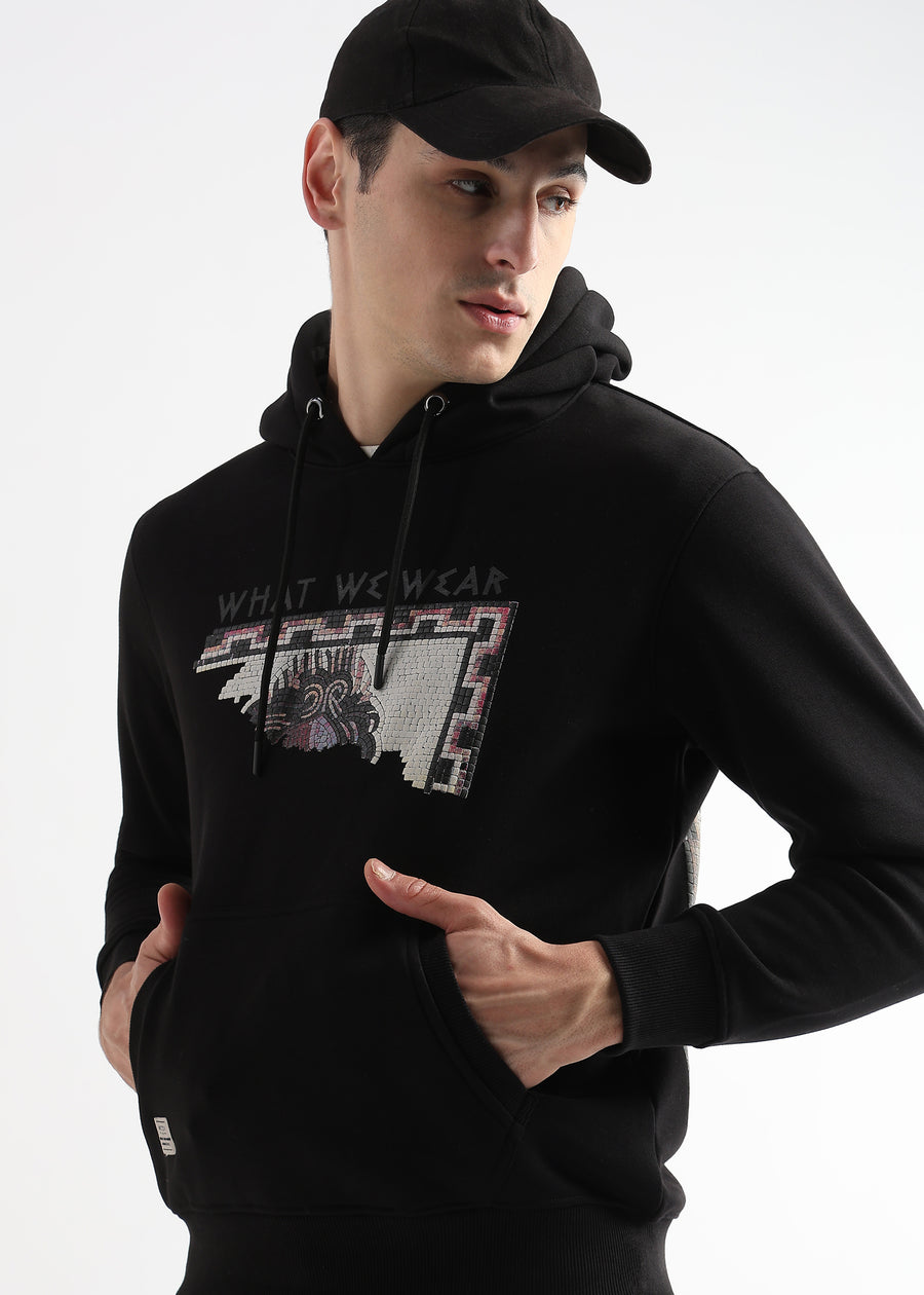 Textured Portrait Print Caviar Black Hoodie