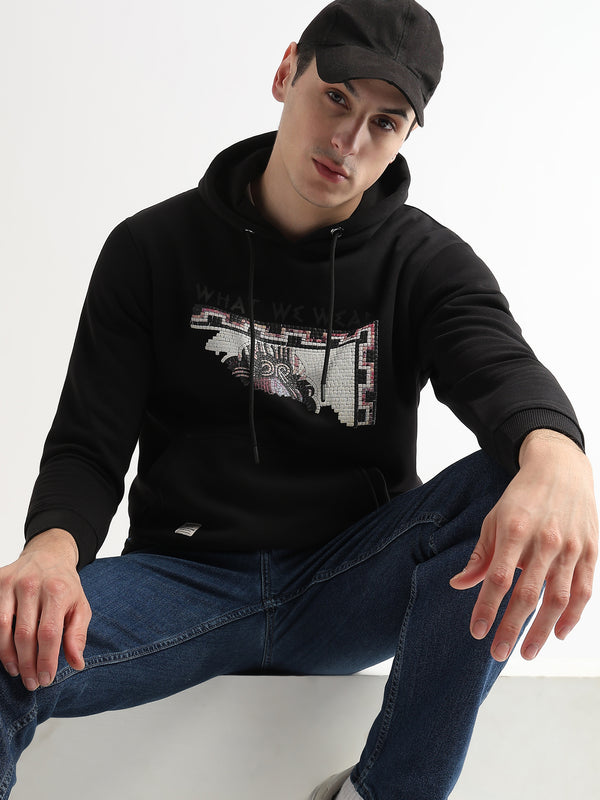 Textured Portrait Print Caviar Black Hoodie