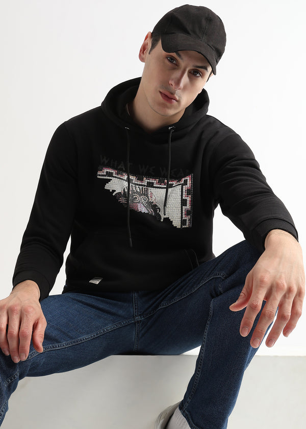 Textured Portrait Print Caviar Black Hoodie