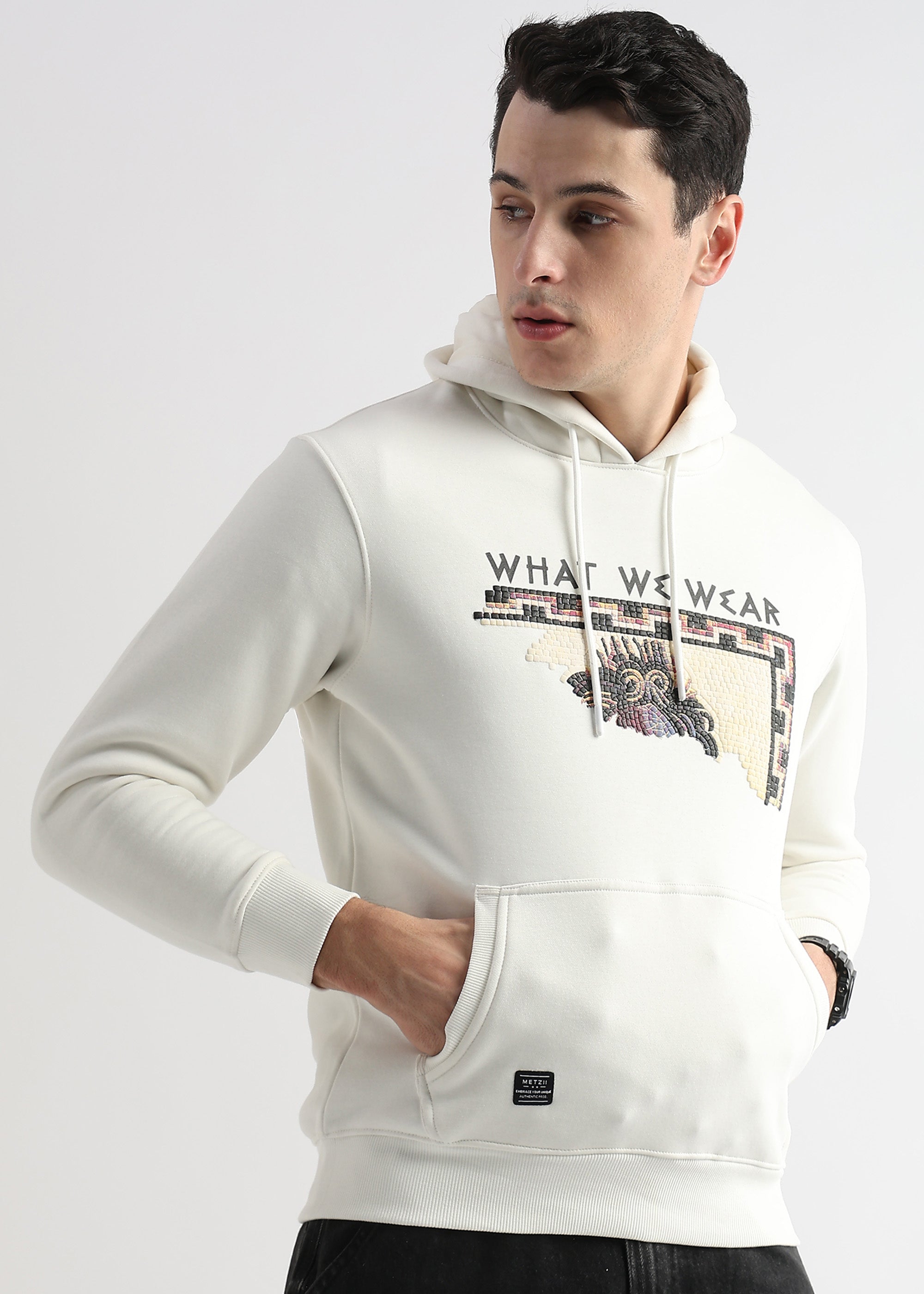 Textured Portrait Print Star White Hoodie