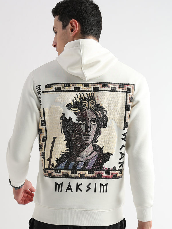 Textured Portrait Print Star White Hoodie