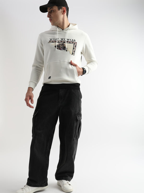 Textured Portrait Print Star White Hoodie