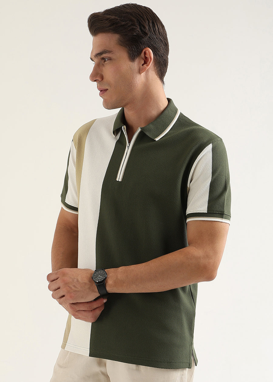 Olive Half-Zip Structured Polo T-Shirt