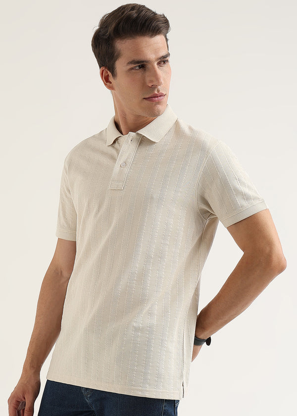 Vanilla Cream Self Structured Knit Polo T-Shirt