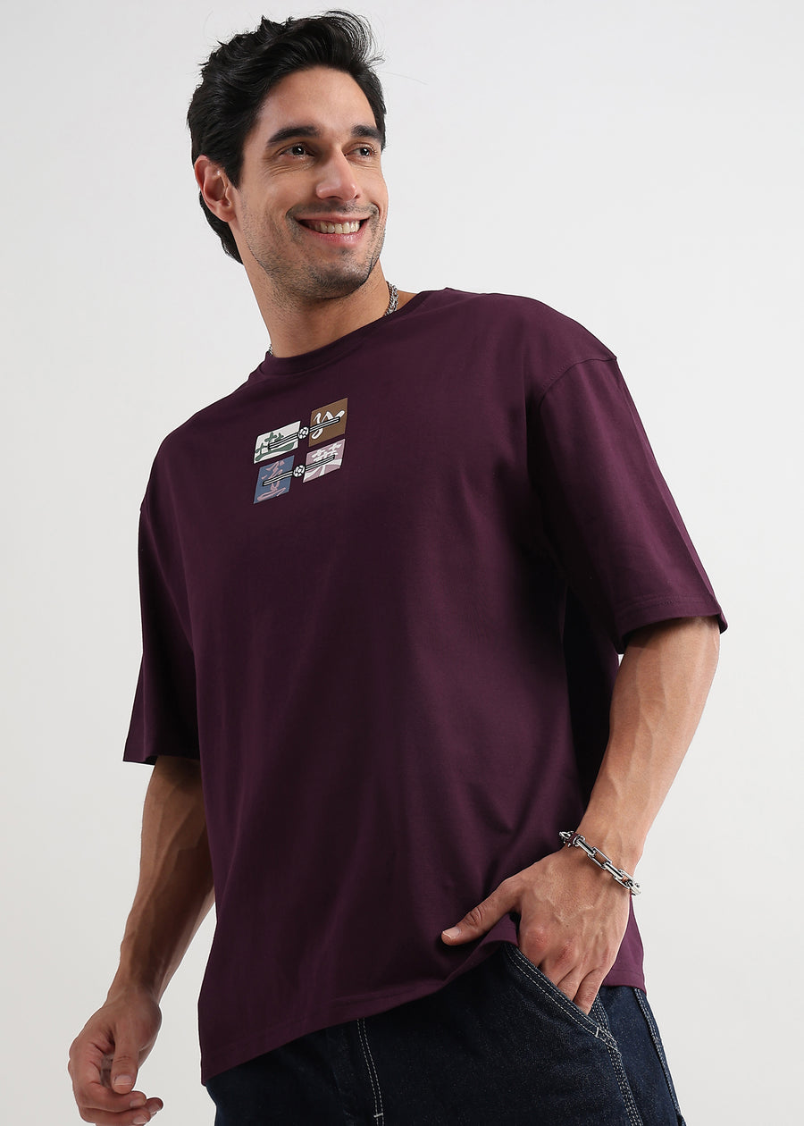 Cordovan Maroon Japanese Patchwork Oversized T-Shirt