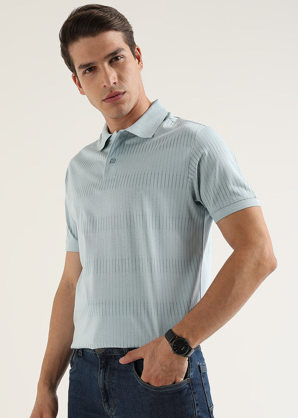 Ether Blue Striata Mercerised Cotton Polo T-Shirt