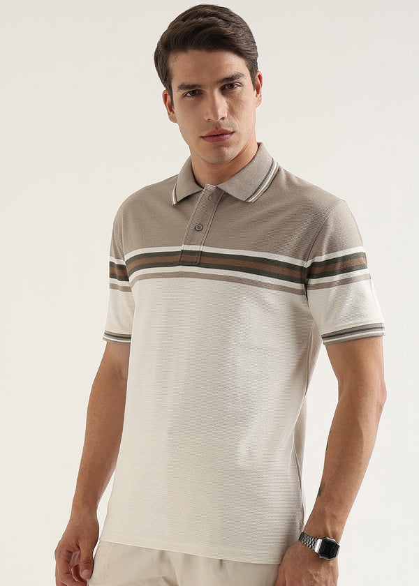 Truffle Beige Harlow Stripe Knit Polo T-Shirt