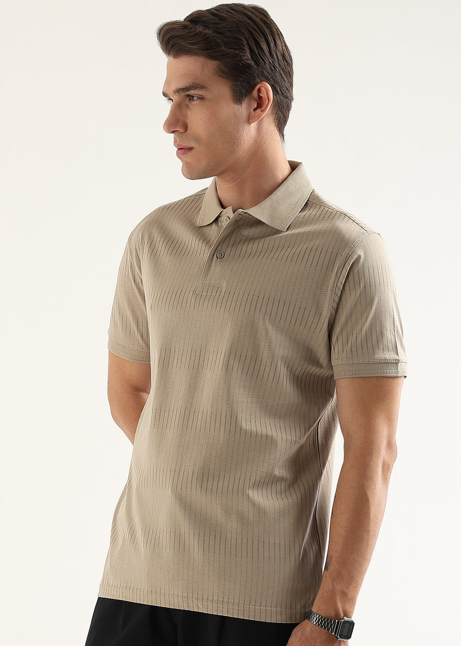 Sand Beige Striata Mercerised Cotton Polo T-Shirt