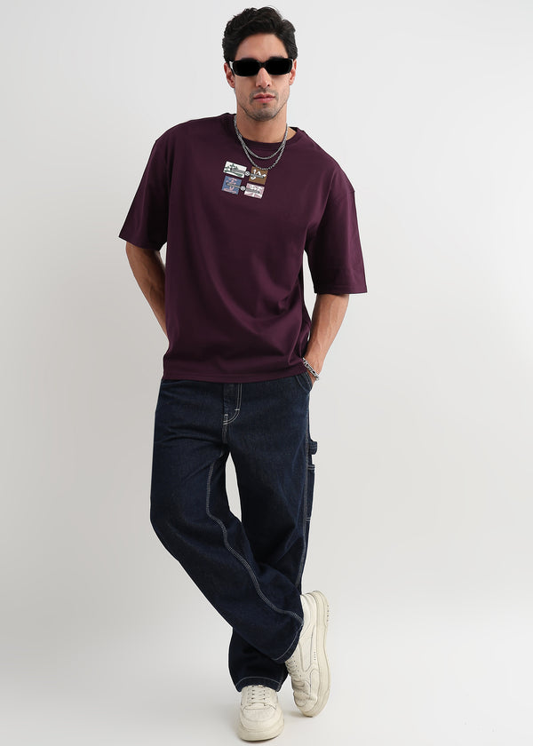 Cordovan Maroon Japanese Patchwork Oversized T-Shirt