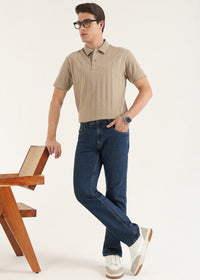 Fawn Brown Self Structured Knit Polo T-Shirt