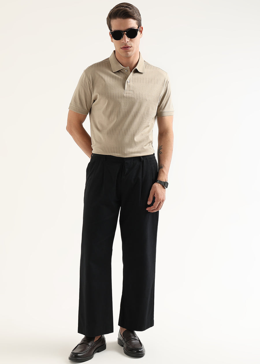 Sand Beige Striata Mercerised Cotton Polo T-Shirt