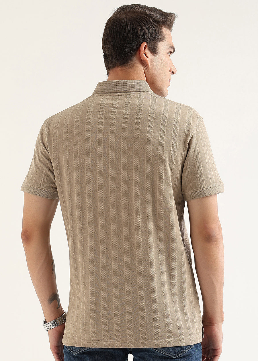 Fawn Brown Self Structured Knit Polo T-Shirt