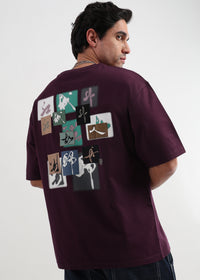 Cordovan Maroon Japanese Patchwork Oversized T-Shirt