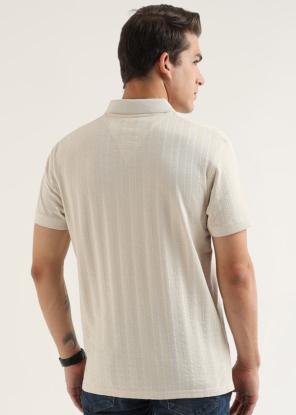 Vanilla Cream Self Structured Knit Polo T-Shirt