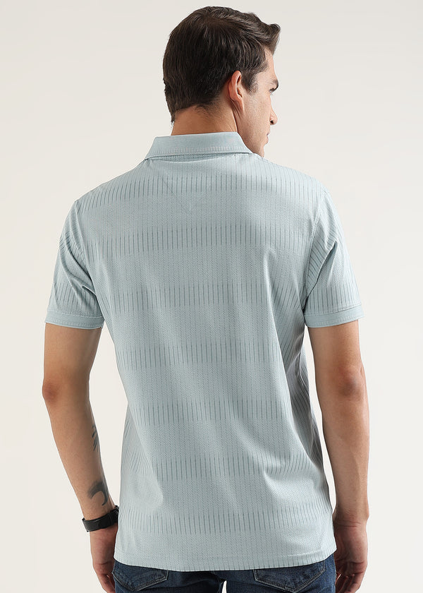 Ether Blue Striata Mercerised Cotton Polo T-Shirt