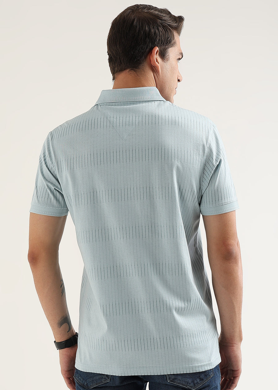 Ether Blue Striata Mercerised Cotton Polo T-Shirt