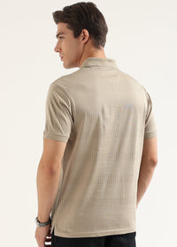 Sand Beige Striata Mercerised Cotton Polo T-Shirt