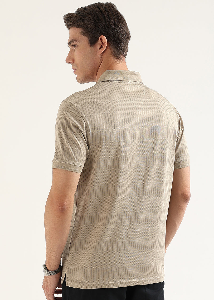Sand Beige Striata Mercerised Cotton Polo T-Shirt