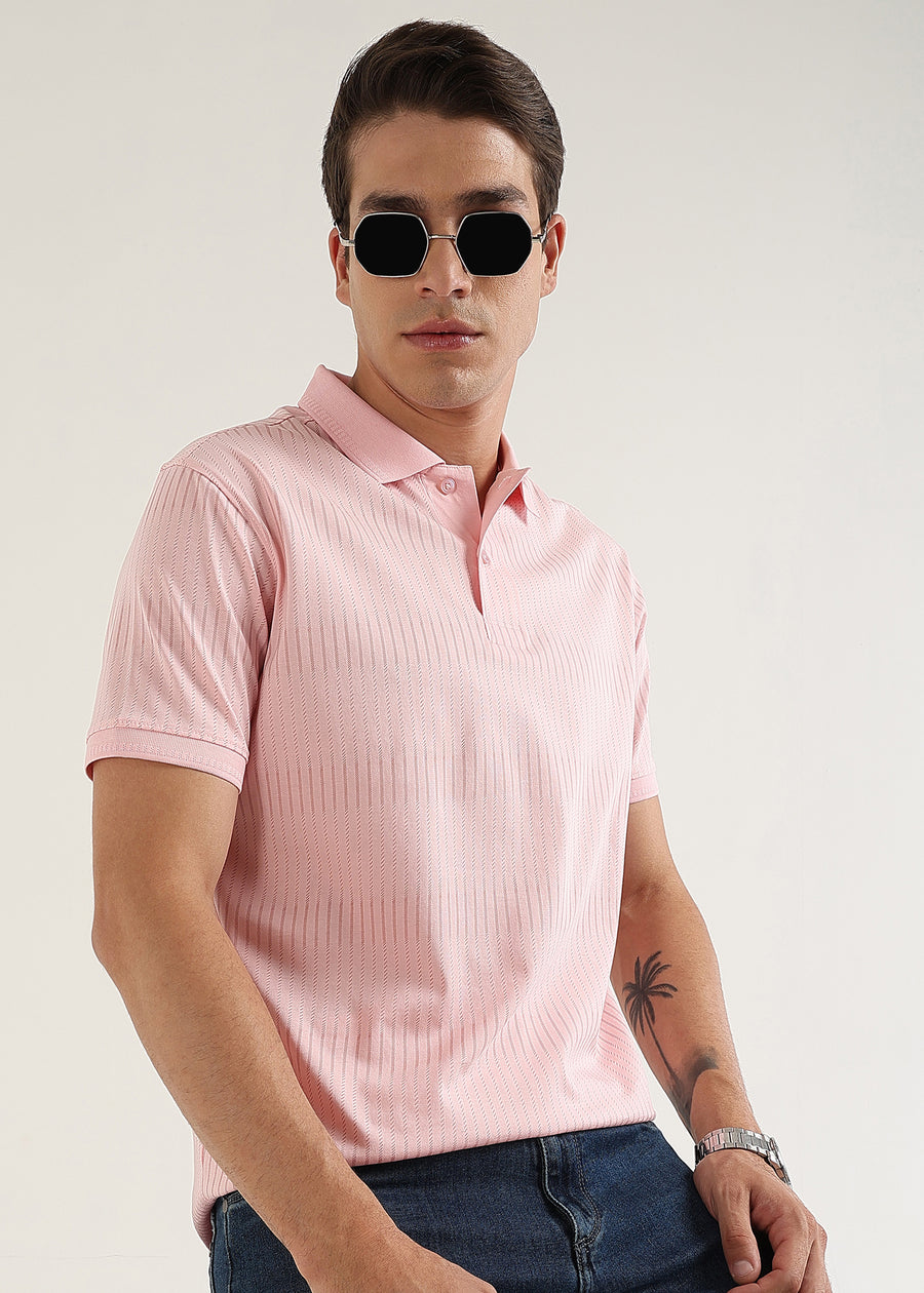 Blush Pink Striata Mercerised Cotton Polo T-Shirt