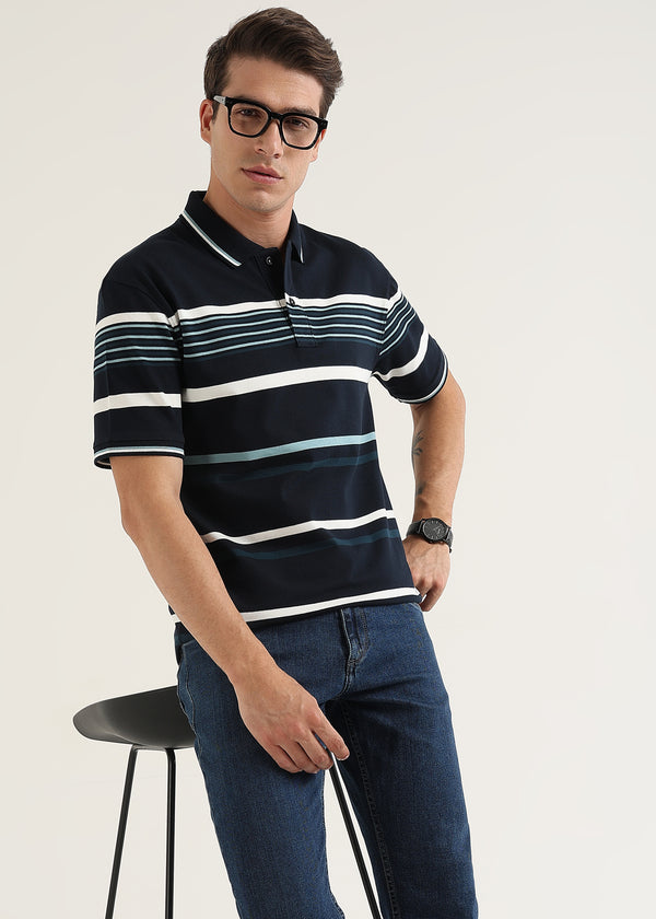 Midnight Navy Striped Polo T-Shirt