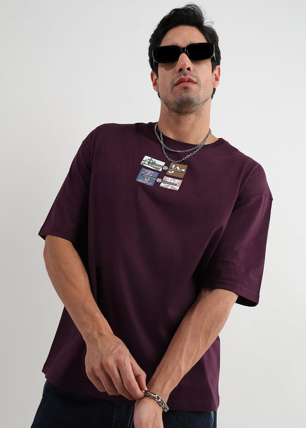 Cordovan Maroon Japanese Patchwork Oversized T-Shirt